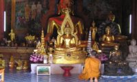 Ein Mönchen betet vor den goldenen Buddhas